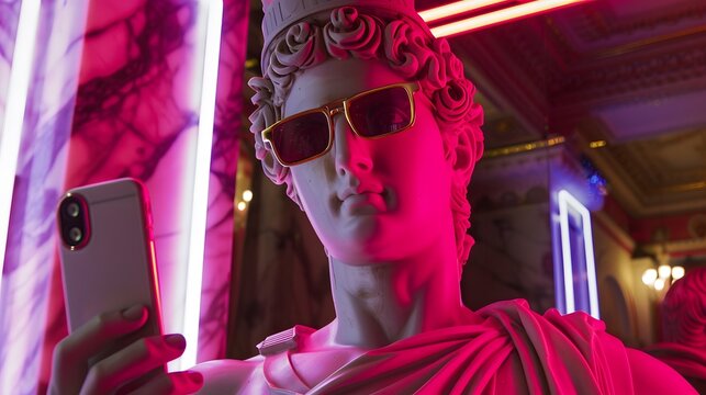 Roman statue with neon reflections wearing modern sunglasses