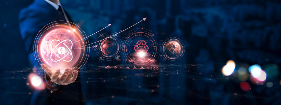 Energy Technology: Businessman hand holding globe with network connecting data of digital technology, renewable energy, smart grids, energy efficiency, sustainable solutions.