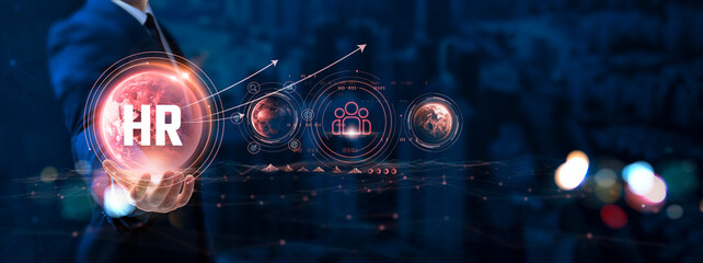 Human Resource: Businessman hand holding globe with network connecting data of digital technology,...