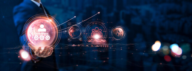 Network Administration: Businessman hand holding globe with network connecting data of digital...