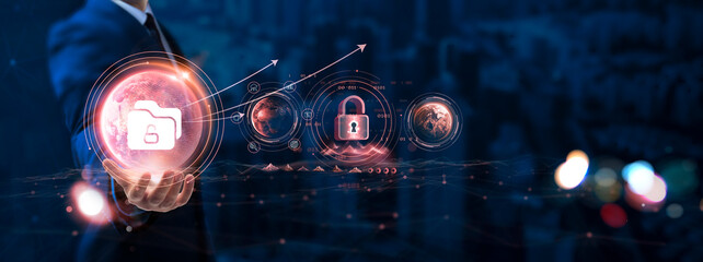 Open Data: Businessman hand holding globe with network connecting data of digital technology, transparency, accessibility, collaboration, innovation.