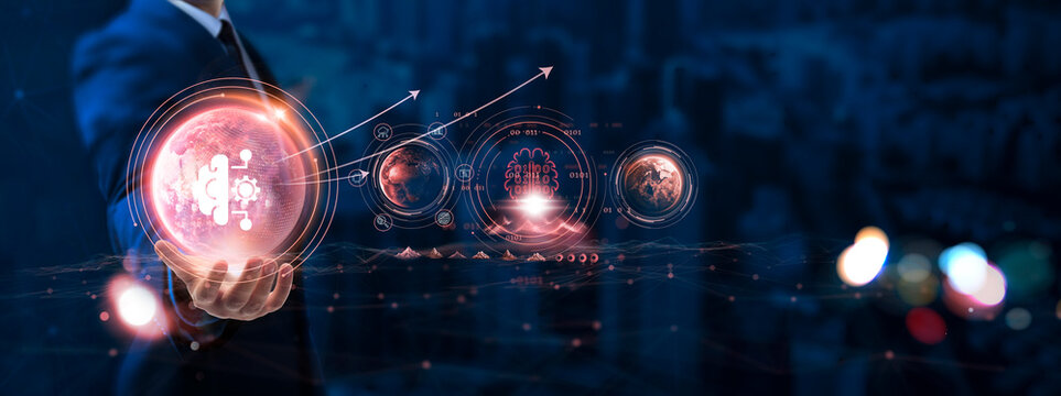 Machine Learning: Businessman hand holding globe with network connecting data of digital technology, data analysis, algorithm development, predictive modeling, automation.