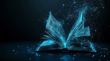 Futuristic technology low polygonal glowing open book isolated on dark background.