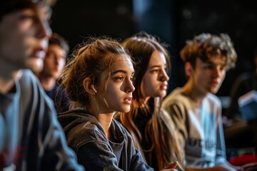 Obraz premium Intense Drama Rehearsal by Focused Classmates on Stage for Theatrical Performance