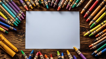 Naklejka premium Top-down perspective of a blank white coloring page on a table, surrounded by an assortment of crayons, creating a colorful scene for kids