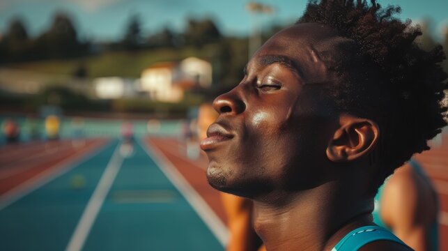 Focused Athlete Visualizing Race on Track with Fellow Competitors in Background - Competitive Spirit and Preparation