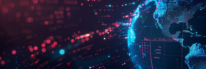 Dynamic digital infographic, rotating globe graphs and statistics, real-time global financial data, analytics in motion