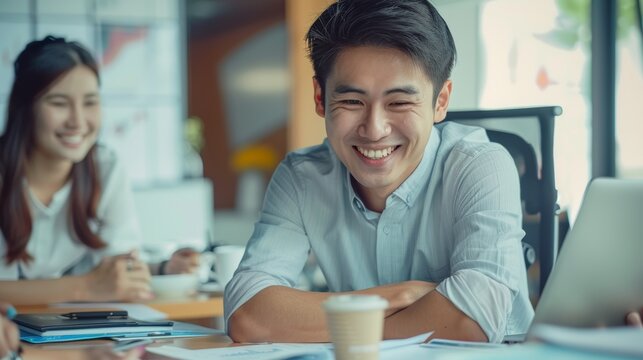 Asian executives, businesspeople, and paperwork negociate, contract, or smile at desk. CEO, man, or group in Tokyo office with paperwork, transaction, or happiness for proposal