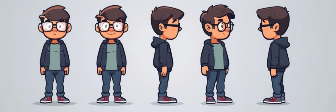 Animated character of a cute IT nerd wearing glasses and a quarter zip in a sticker style motif standing in full body pose