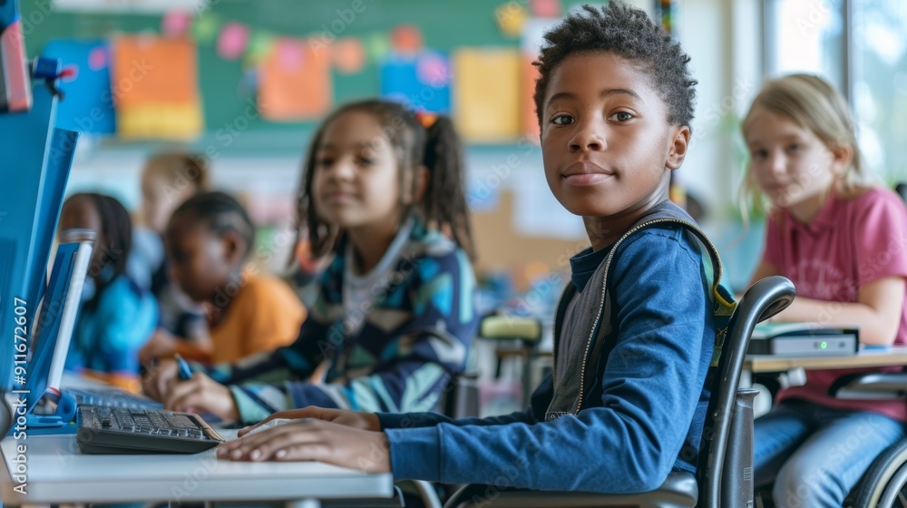 Poster inclusive classroom with diverse students utilizing assistive technology for active learning