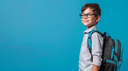 Confident Schoolboy Wearing Uniform with Backpack on Bright Blue Background, Space for Text