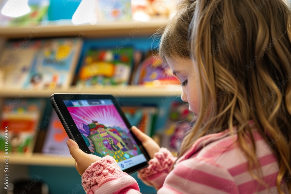 Poster child engaging with interactive reading comprehension app on tablet for learning