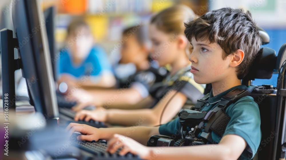 Poster child with physical disabilities using adaptive computer in classroom assisted by teacher - educatio
