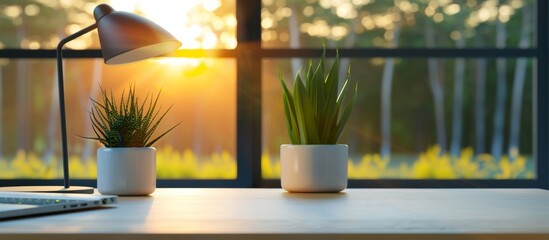 close up of an office desk with minimal items, illuminated in the style of a soft glow from a modern lamp