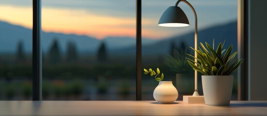 close up of an office desk with minimal items, illuminated in the style of a soft glow from a modern lamp