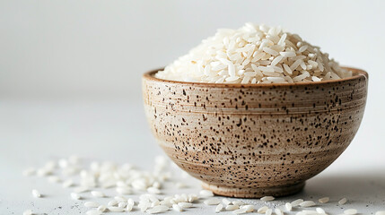 wide macro closeup food background cover photo of white raw rice filled ceramic bowl in white textured background table top with blank space