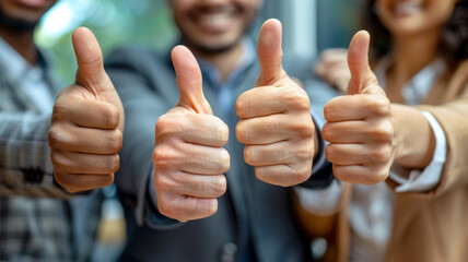 Group of professionals celebrating success with thumbs up gesture at office gathering