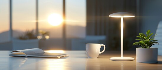 close up of an office desk with minimal items, illuminated in the style of a soft glow from a modern lamp