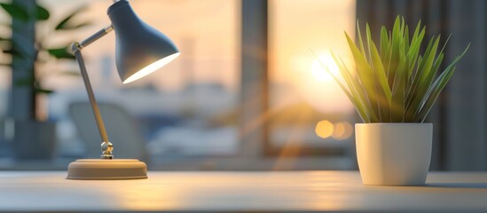 close up of an office desk with minimal items, illuminated in the style of a soft glow from a modern lamp