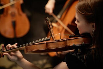 Cropped side view shot of unrecognizable female musician playing violin with string quartet in...