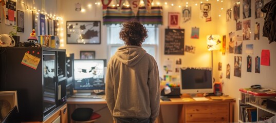 Excited High School Graduate Decorating Room with College Posters and Pennants