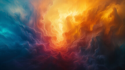 A stunning abstract cloudscape with vibrant hues of orange, red, blue, and purple, evoking a dramatic and ethereal atmosphere.