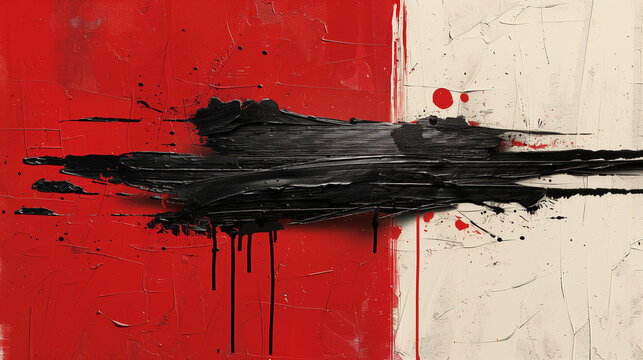 Abstract painting with bold black splashes on a divided red and beige background.