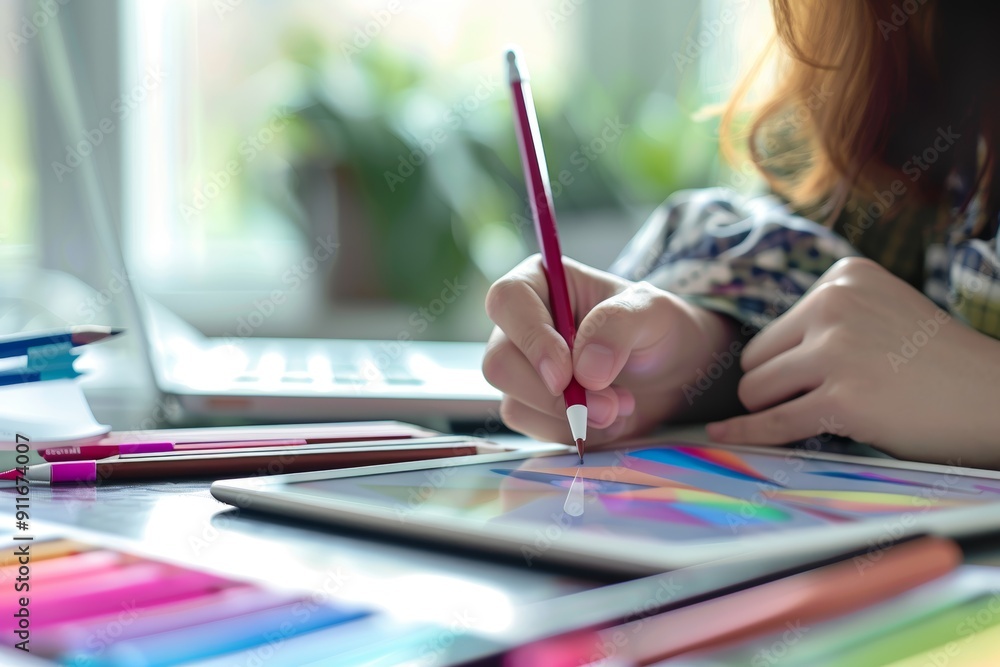 Poster graphic design tutorial with tablet in an organized workspace and creative environment for learning