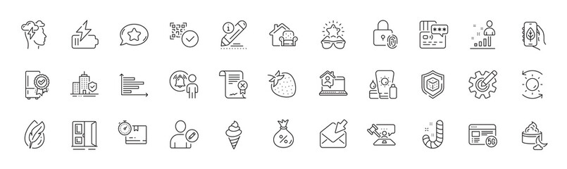 User notification, Horizontal chart and Strawberry line icons. Pack of 5g internet, Ice cream, Open door icon. Loan, Night cream, Judge hammer pictogram. Ecology app, Work home, Dice. Vector