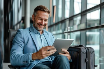 Fototapeta premium Airport, tablet, or businessman study finance portfolio, stock market database, or investment feedback. Profit from NFT, bitcoin, or crypto trading pleases economy, forex account manager, or trader