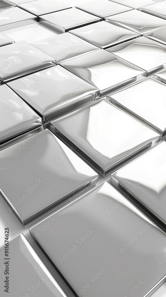 Poster a close up of a silver metal surface with many small squares. the squares are all different sizes an