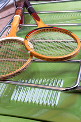 Vintage Tennis Rackets on Classic Car Bonnet Retro Sports Gear Display