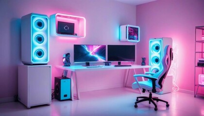 minimalist computer gaming room in white with neon lights in ice blue and pink tones.