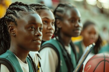 Obraz premium Netball team and coach examine stopwatch after fitness, practice, or group training. Fitness game, watch, or diversity women enjoying exercise, training, or court challenge success