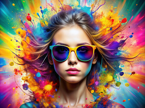 abstract girl in sunglasses against the background of a multi-colored explosion of vivid colors and ink, intricate patterns. High quality illustration