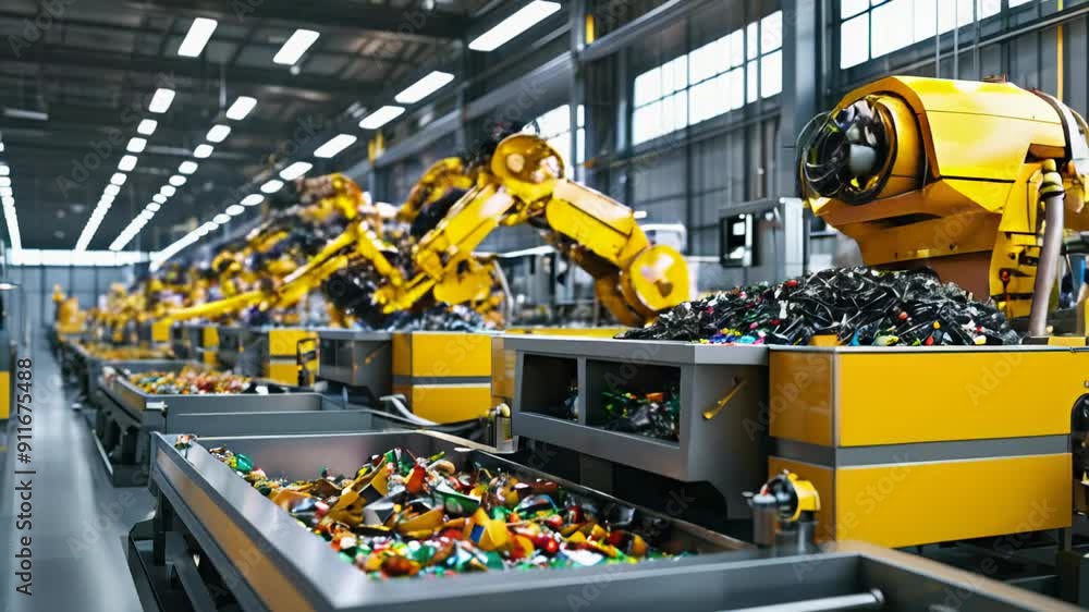 Poster an advanced robotic sorting system organizes various waste materials in an industrial facility, show