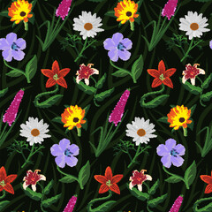 Seamless pattern with various color vector flowers