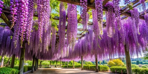 Wisteria Canopy Over Pathway, Purple Flowers, Wooden Structure, Spring Bloom, Wisteria, Flower, Garden