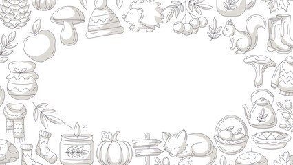Autumn minimalist horizontal banner, round frame of fall cozy elements. Monochrome gray icons, empty space for text in the middle, isolated background. Seasonal poster, flyer, cover, invitation, card