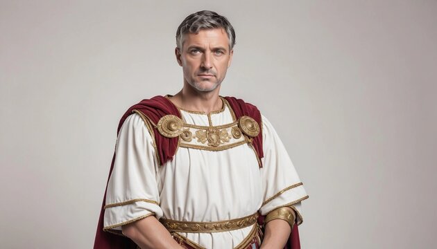 portrait of a male Roman emperor with a stern expression, wearing traditional armor and a red cape, isolated on a stark white background

