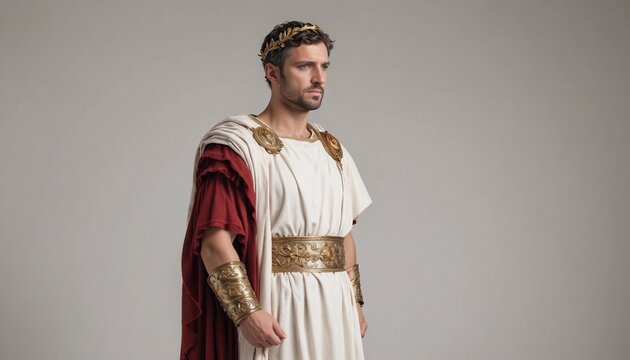 portrait of a male Roman emperor with a stern expression, wearing traditional armor and a red cape, isolated on a stark white background
