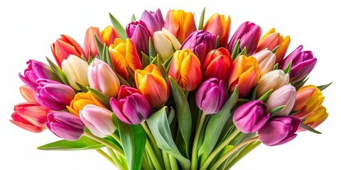 Obraz premium A Colorful Bouquet of Tulips, Close-up Perspective, Vibrant Colors, White Background, Spring Flowers, tulips, bouquet