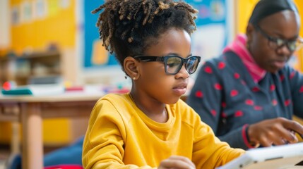 Visually Impaired Student Using Braille Tablet with Teacher Assistance in Inclusive Classroom