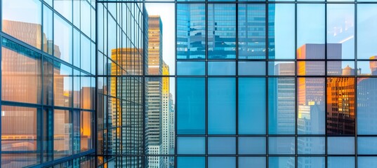 Obraz premium close up of the glass windows on modern skyscrapers, reflecting other buildings and sky in shades of blue.