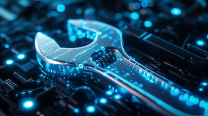 blue digital wrench spanner with glowing binary code, AI in maintenance management systems, predictive maintenance algorithms, equipment diagnostics, and remote repair assistance