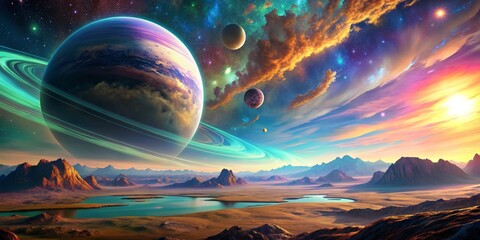 A Ringed Planet's Glow Over a Desert Landscape, Digital Art, Space, Planets, Fantasy, Sky
