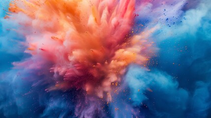 Colored powder explosion. Abstract closeup dust on backdrop. Colorful explode. Paint holi