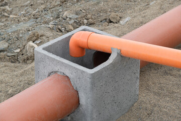 New Installed pipework system. Sewer Line developed and mounted on the construction site. New...