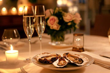 Intimate dinner for two with a candlelit table, a plate of oysters, and a bottle of champagne, creating a romantic and luxurious atmosphere.