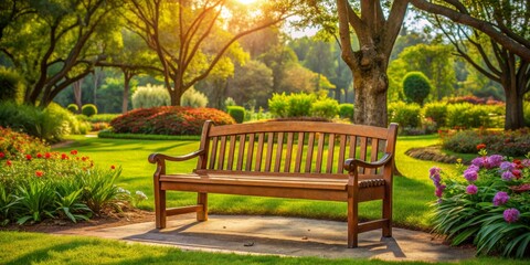 Obraz premium A Solitary Bench in a Garden Oasis, Sunlight, Lush Greenery, Tranquility, Wooden Bench , garden, nature